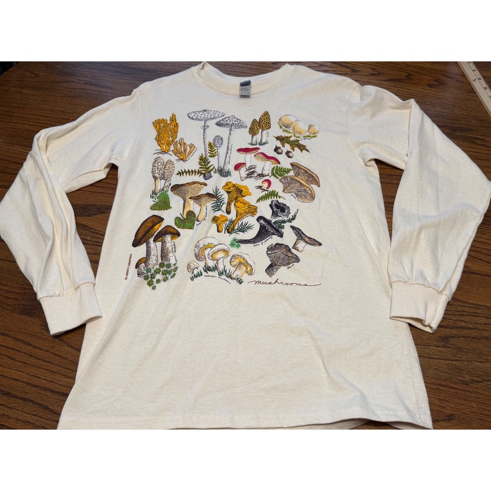 Liberty Graphics Mushroom Botanical Chart Long Sleeve T-Shirt Cream Small